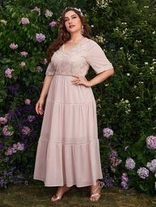 Vestido De Línea A Con Dobladillo De Volante Y Lentejuelas Contrastadas Para Mujeres De Talla Grande