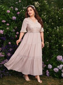 Vestido De Línea A Con Dobladillo De Volante Y Lentejuelas Contrastadas Para Mujeres De Talla Grande