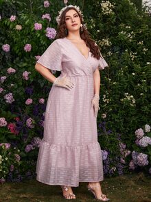 Modelyn Vestido De Manga Murciélago Con Cuello Cruzado Para Mujer Plus, Con Dobladillo Con Volantes Y Sin Cinturón - Rosa Pálido - Ver 3