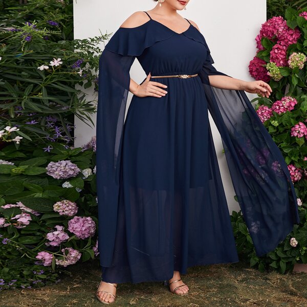 

Plus Extra-Long Sleeve Cold Shoulder Maxi Dress Without Belt, Navy blue