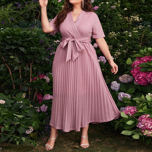 

Plus Surplice Neck Pleated Hem Belted Dress, Dusty pink