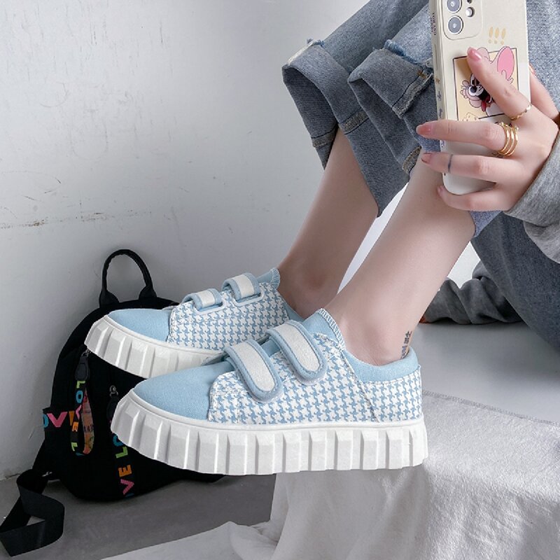 

Houndstooth Velcro Strap Canvas Shoes, Baby blue