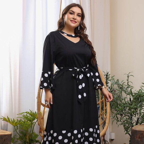 

Plus Polka Dot Choker Neck Belted Maxi Dress, Black