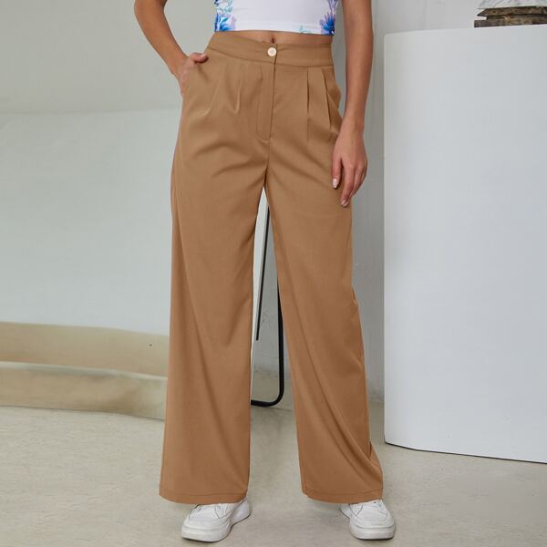 

Button Waist Wide Leg Pants, Mocha brown