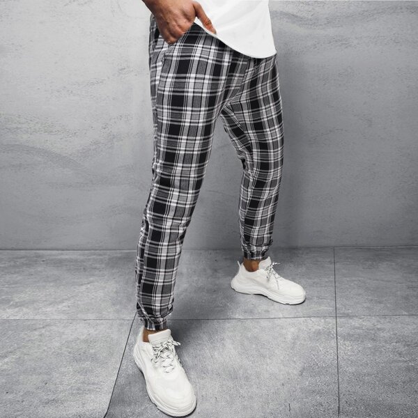 

Men Tartan Plaid Drawstring Pants, Black and white