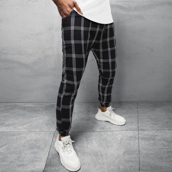 

Men Plaid Drawstring Waist Pants, Black