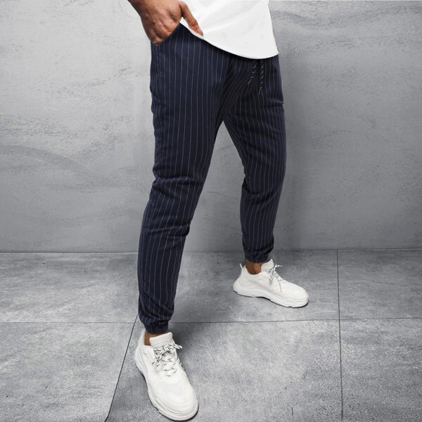 

Men Striped Drawstring Pants, Navy blue