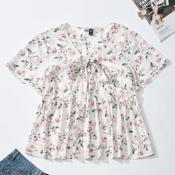 

Plus Knot Front Allover Floral Peplum Blouse, White