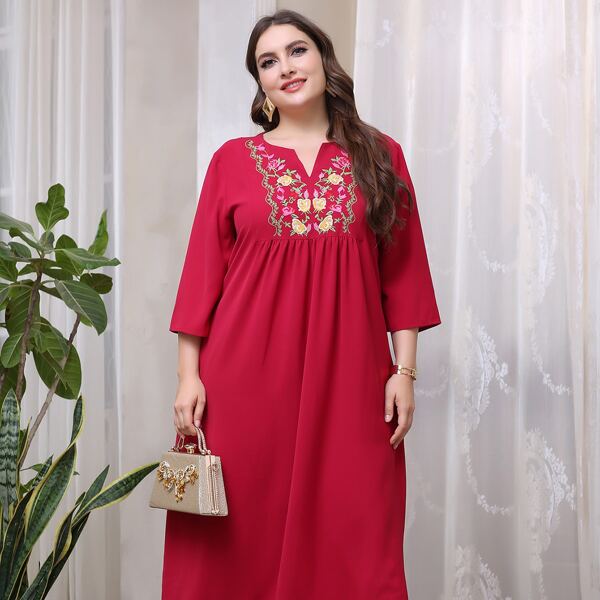 

Plus Floral Embroidery Notched Neck Maxi Dress, Rose red