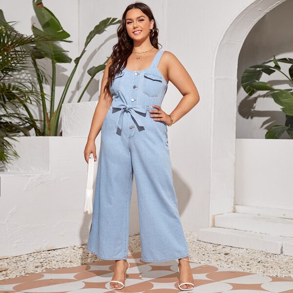 

Plus Button Front Flap Pocket Belted Denim Jumpsuit, Light wash