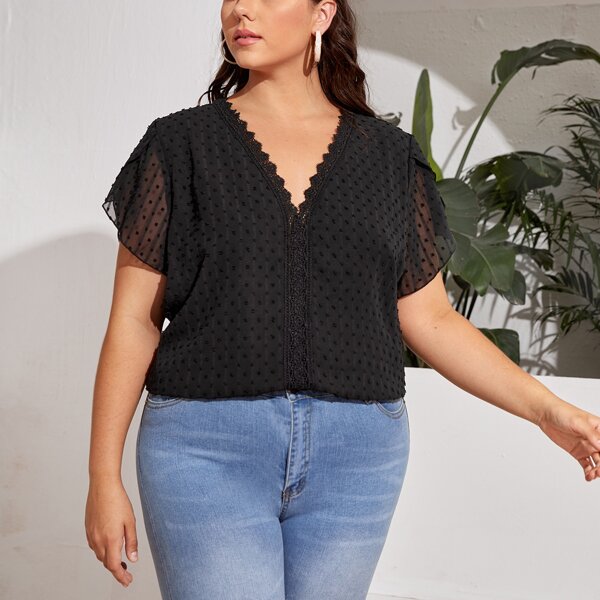 

Plus Swiss Dot Contrast Lace Blouse, Black