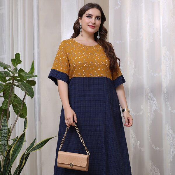 

Plus Colorblock Ditsy Floral Print A-line Dress, Multicolor
