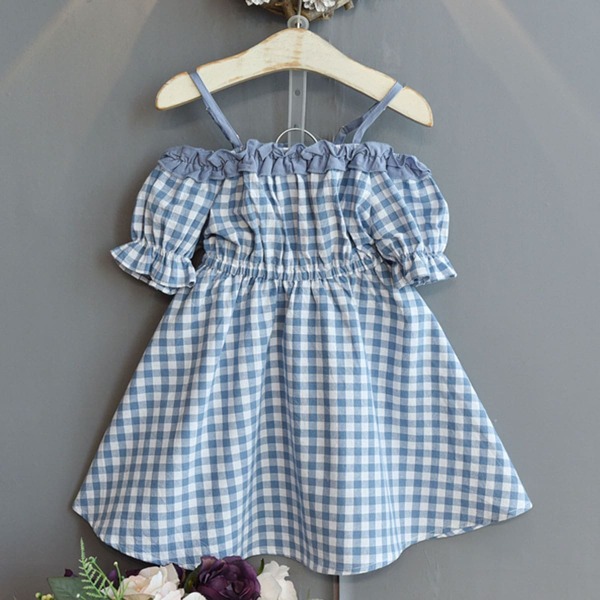 

Toddler Girls Gingham Cold Shoulder Dress, Blue and white