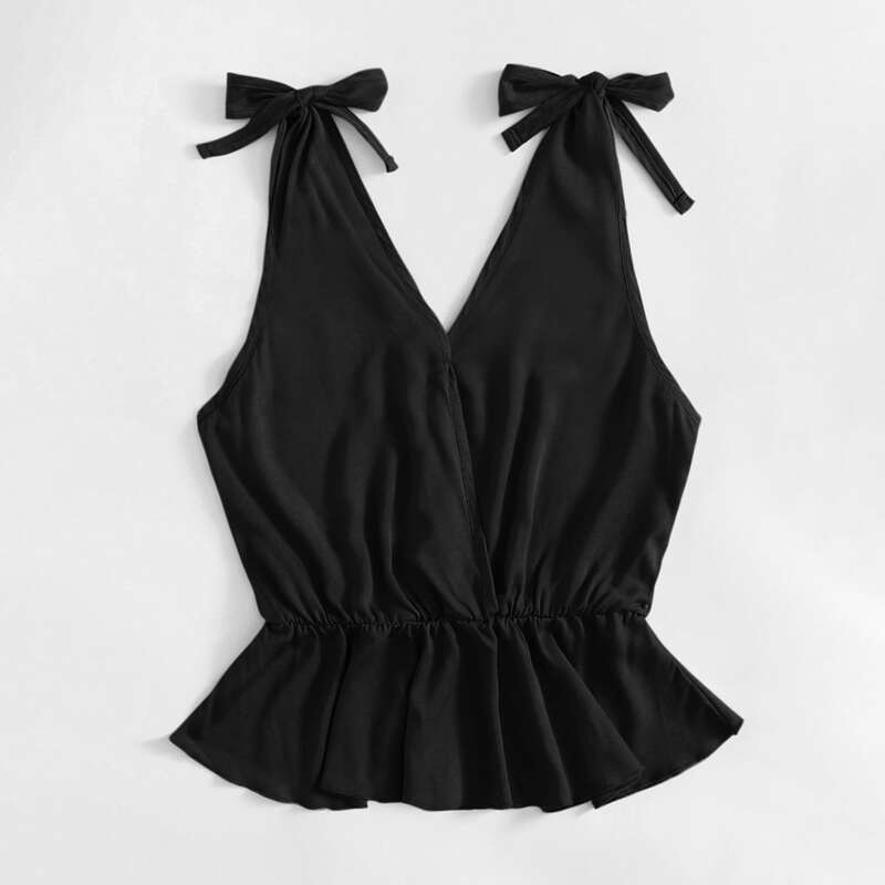 

Solid Tie Shoulder Peplum Blouse, Black