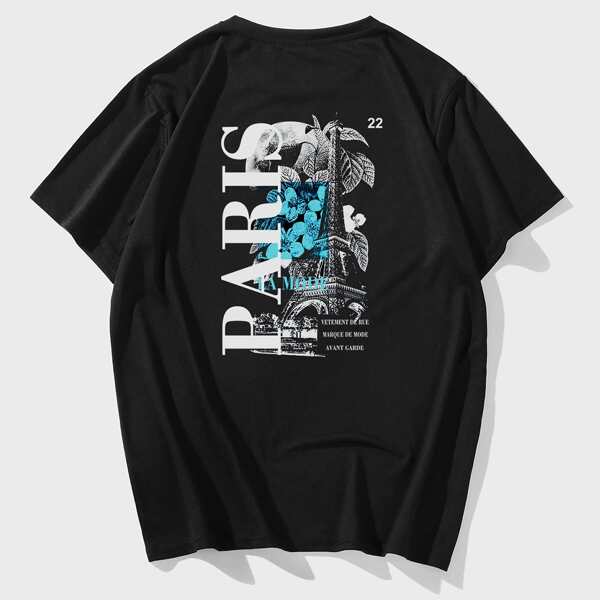 

Men Eiffel Tower & Letter Graphic Tee, Black