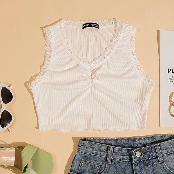 

Lace Trim Ruched Detail Tank Top, White