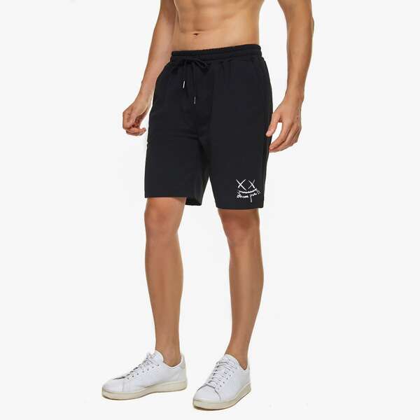 

Men Cartoon & Letter Graphic Drawstring Shorts, Black