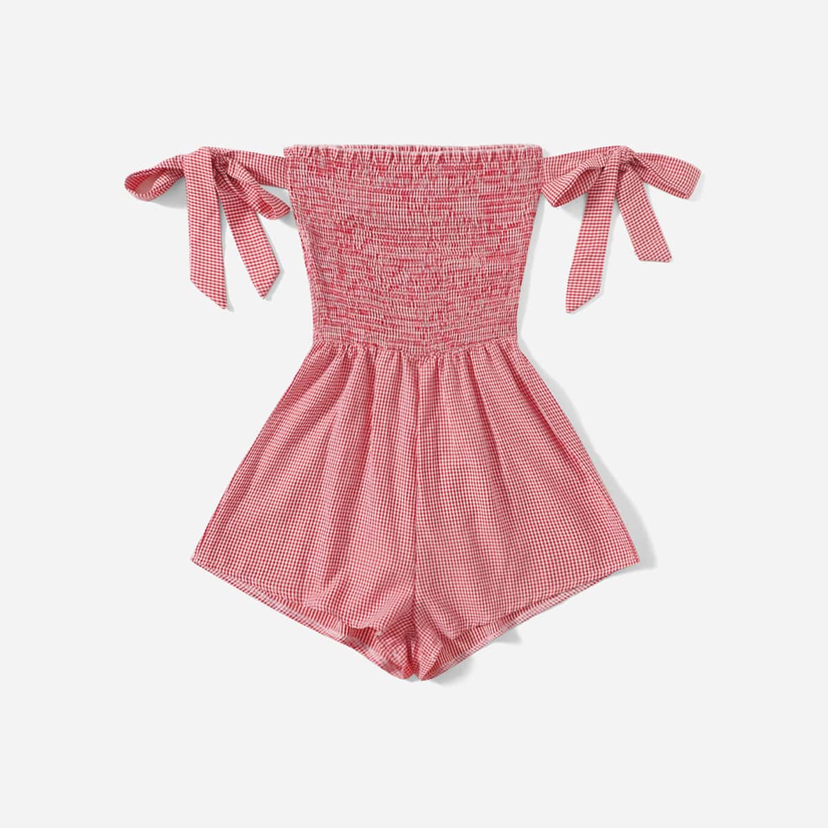 

Gingham Shirred Knot Romper, Red
