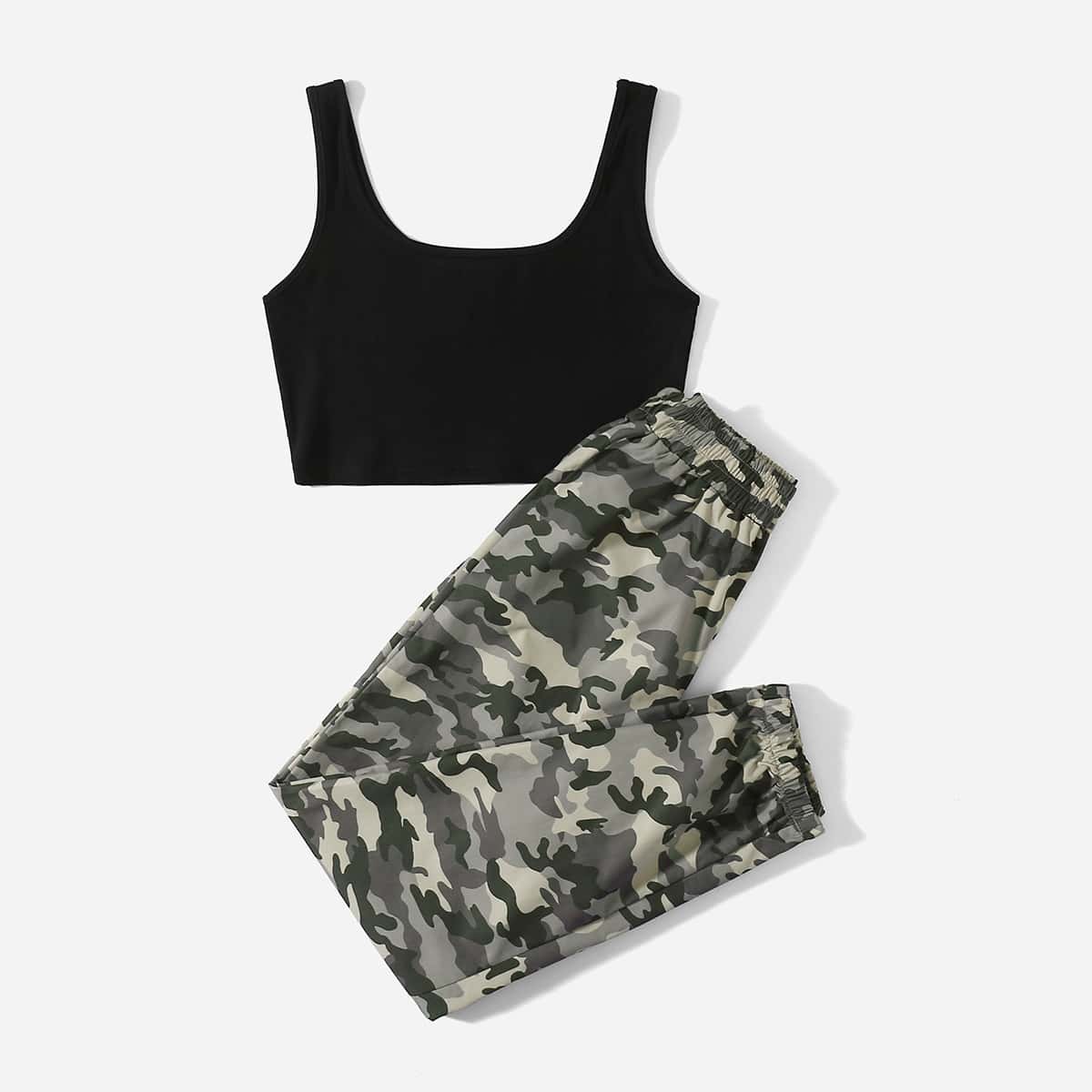 

Solid Ribbed Tank Top & Camo Joggers, Multicolor