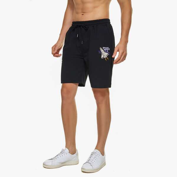 

Men Rocket & Letter Graphic Drawstring Track Shorts, Black