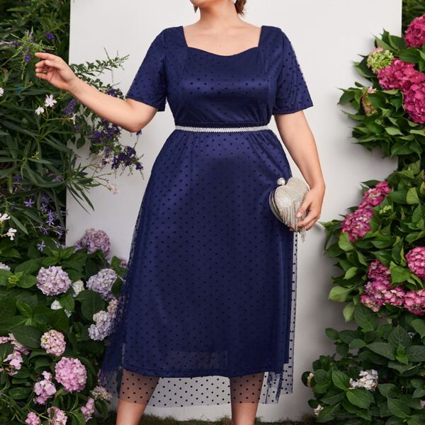 

Plus Dobby Mesh A-line Dress Without Belt, Navy blue