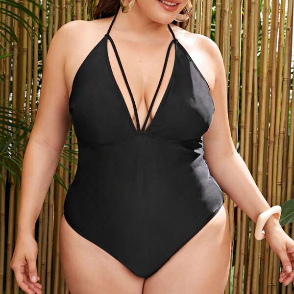 

Plus Solid Plunging One Piece Swimsuit, Black