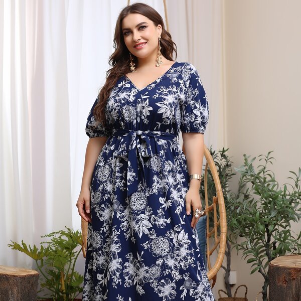 

Plus Allover Floral Belted Dress, Blue and white