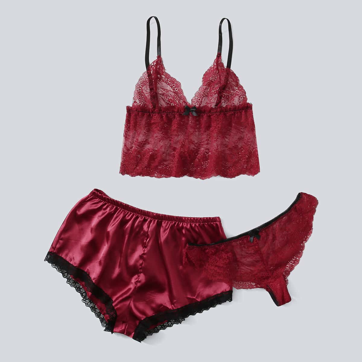 

Floral Lace Lingerie Set With Satin Shorts, Burgundy