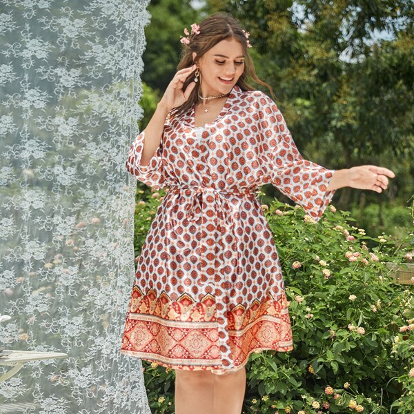 

Plus Satin All Over Print Belted Robe Without Night Dress, Multicolor