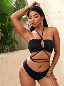 Swim SXY Plus Size Halter High Waisted Bikini Set Summer Beach - Black - View 1
