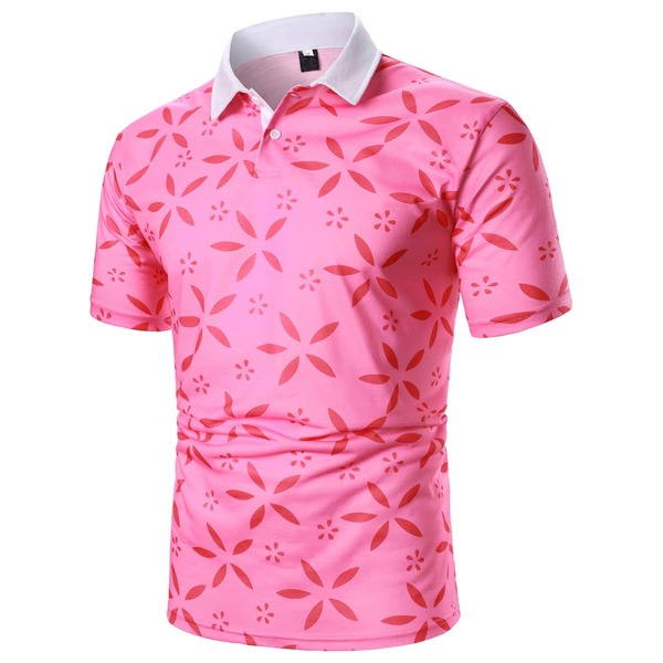 

Men Graphic Print Contrast Collar Polo Shirt, Pink