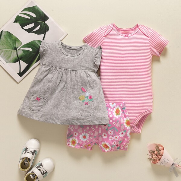 

Baby Girl Embroidery Babydoll Tee & Striped Bodysuit & Floral Shorts, Multicolor