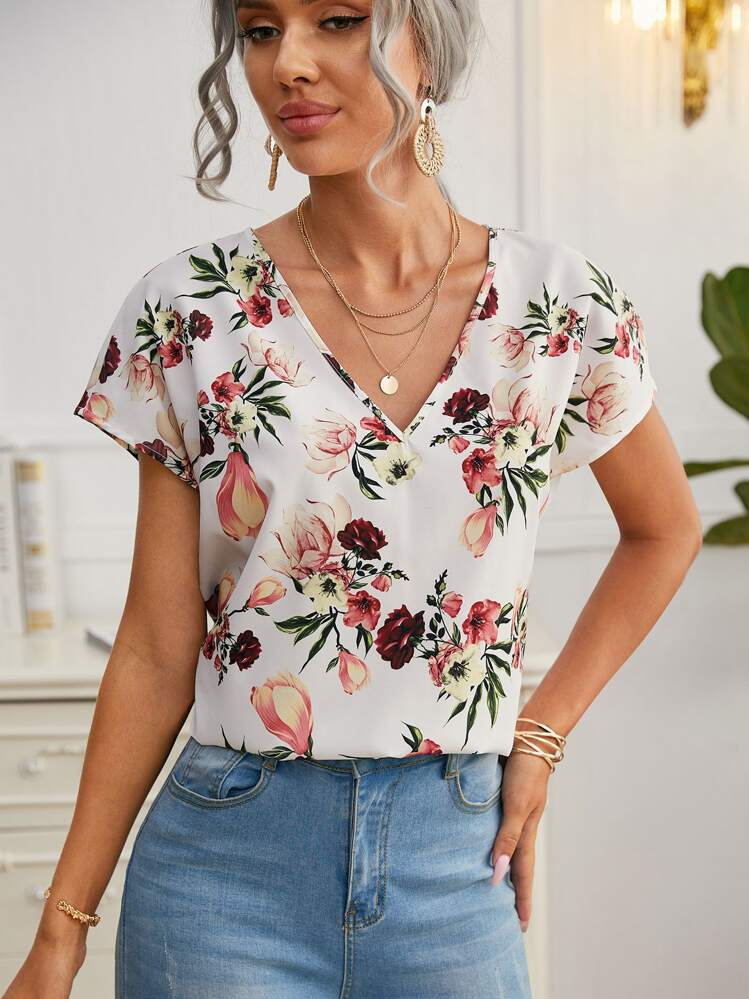 SHEIN VCAY V領蝙蝠袖印花上衣 - 彩色 - 查看 1