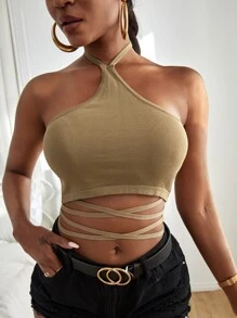 Chiquease 交叉後繫帶繞頸針織上衣 - 卡其色 - 查看 4