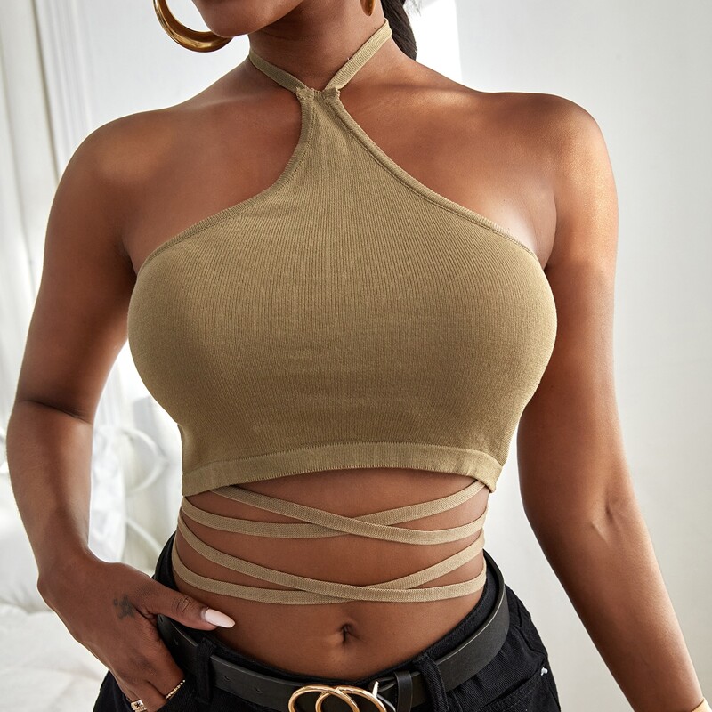 

Cross Cross Tie Back Halter Knit Top, Khaki