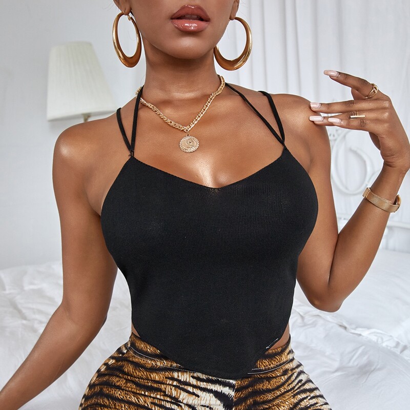 

Solid Criss Cross Backless Knit Top, Black