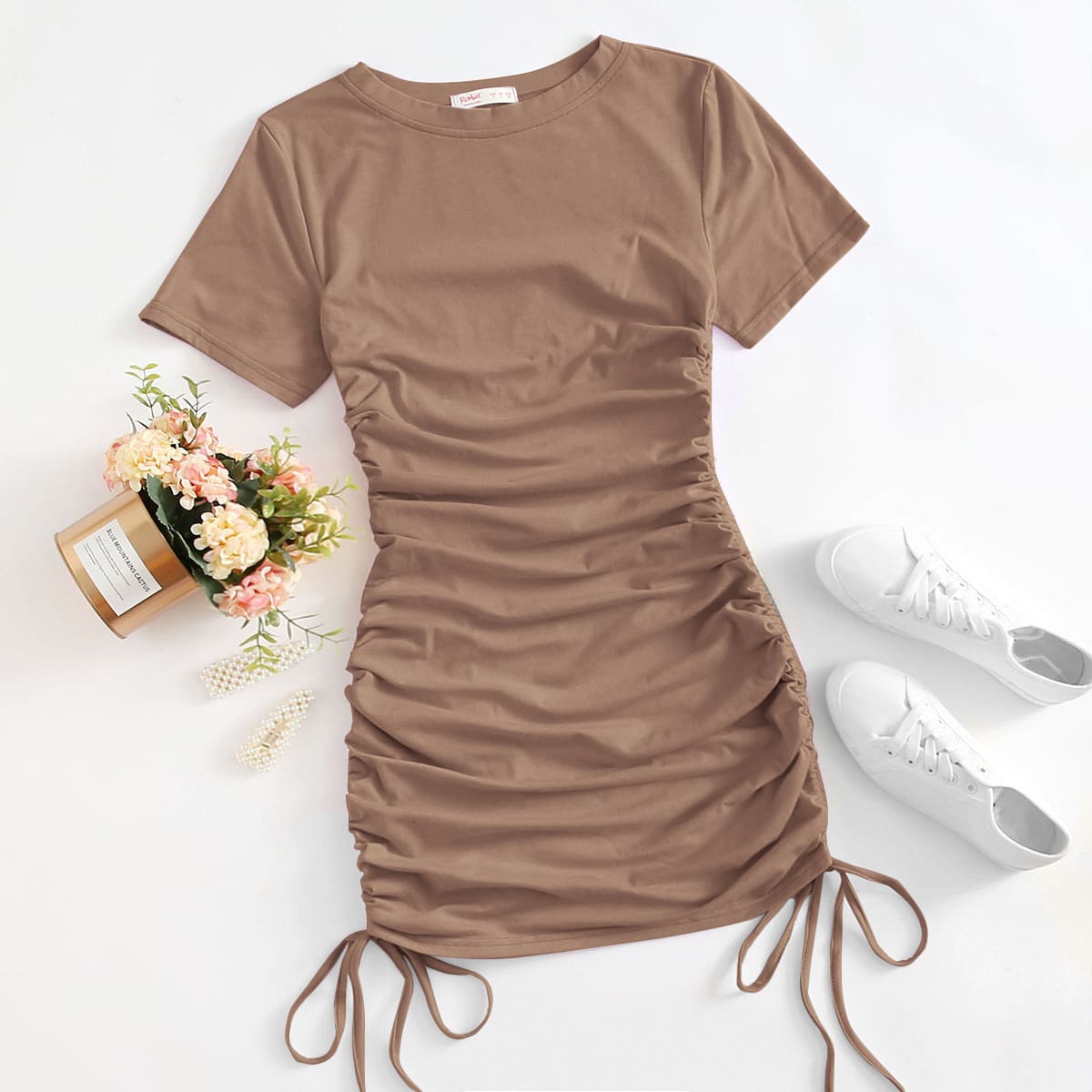 

Solid Drawstring Side Ruched Dress, Mocha brown
