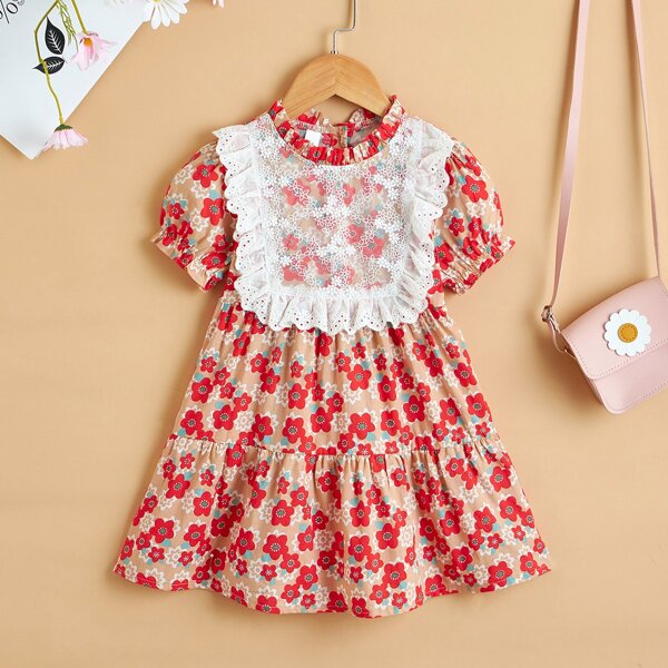 

Toddler Girls Floral Contrast Lace Smock Dress, Multicolor