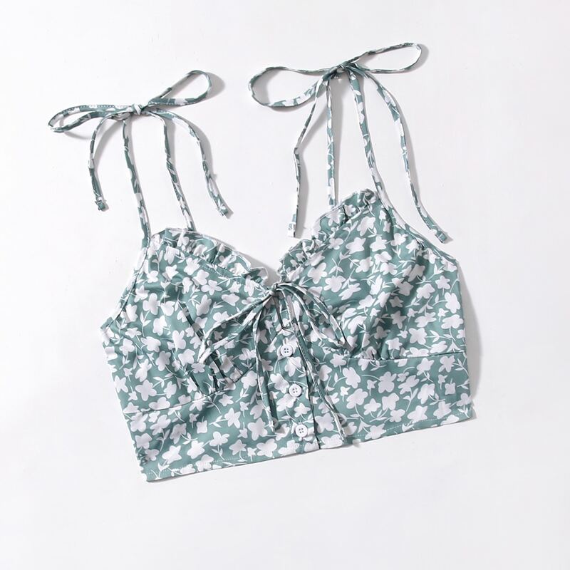 

Floral Print Button Front Tie Shoulder Crop Cami, Multicolor