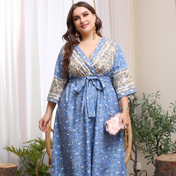 

Plus Allover Floral Print Surplice Neck Belted Dress, Dusty blue