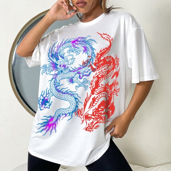 

Chinese Dragon Print Oversized Tee, White