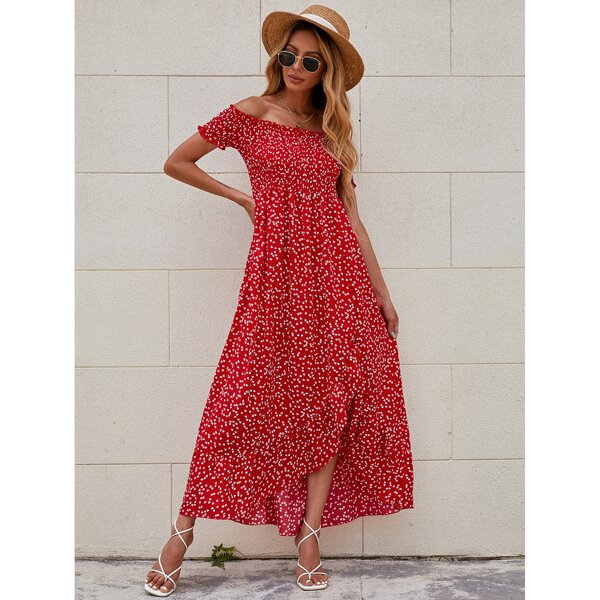 

Allover Print Split Thigh Bardot Dress, Red