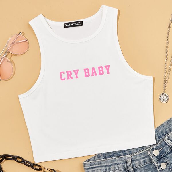 

Letter Graphic Crop Tank Top, White