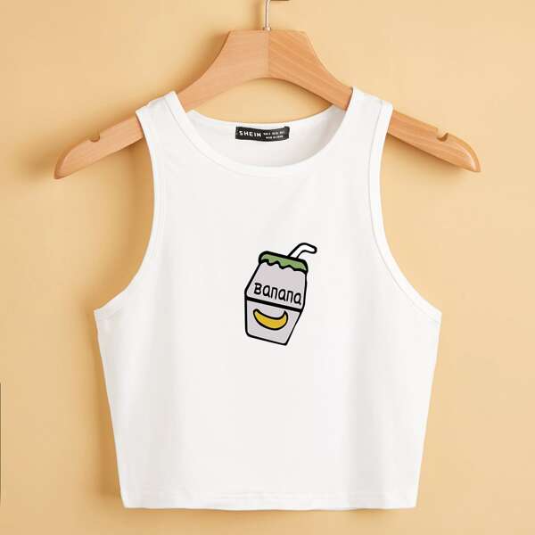 

Cartoon Graphic Crop Tank Top, White