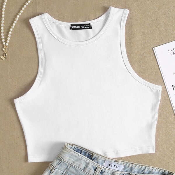 

Solid Form Fitted Crop Tank Top, White