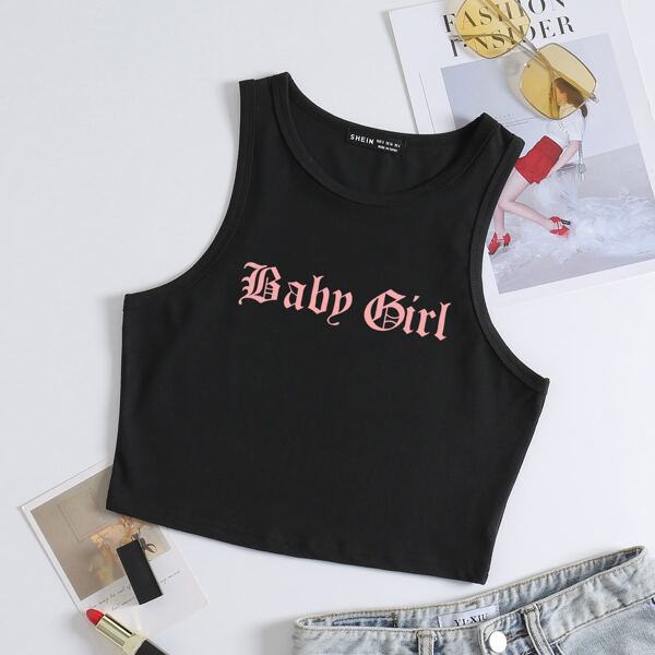 

Letter Graphic Crop Tank Top, Black