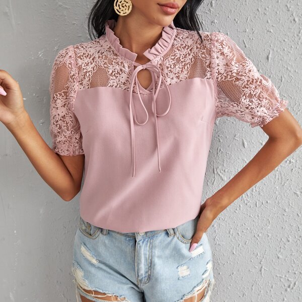 

Lace Insert Tie & Ruffle Neck Blouse, Pink