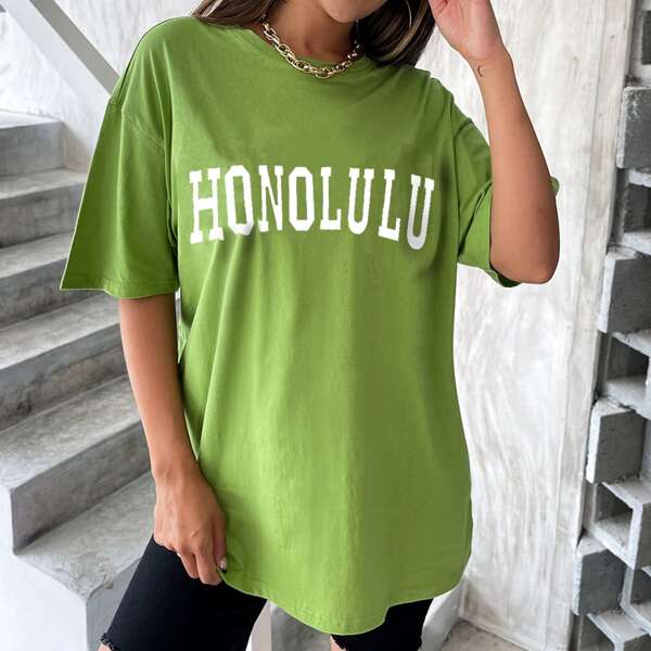 

Drop Shoulder Letter Graphic Oversized Longline Tee, Green
