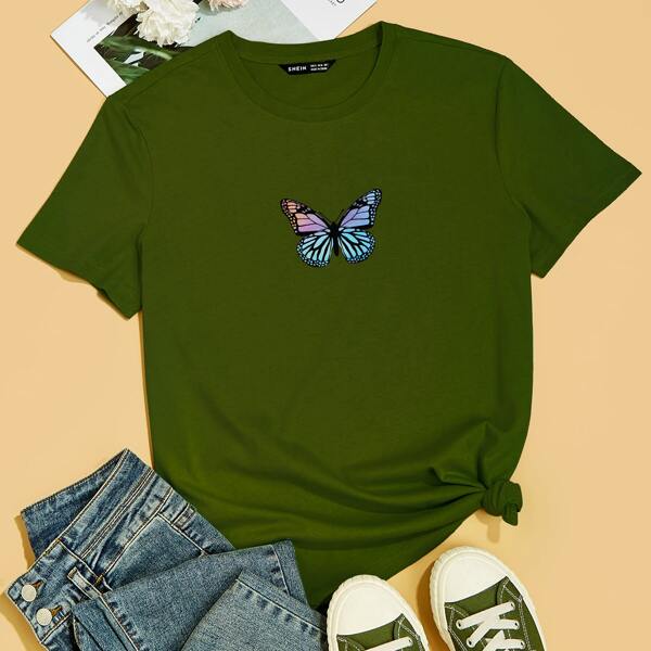 

Butterfly Print Short Sleeve Tee, Olive green