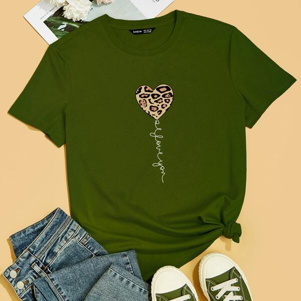 

Letter And Heart Print Tee, Olive green